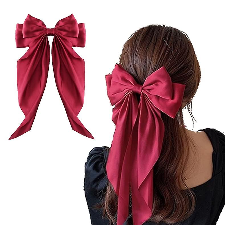 (Y)2pcs Large Hair Bow Clips For Women Girls, Silky Satin Hair Barrettes With Long Ribbon Tail Hair Bows Slides Wedding Hair