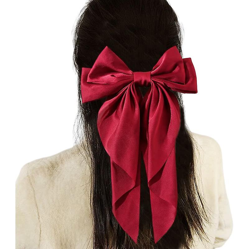 (Y)2pcs Large Hair Bow Clips For Women Girls, Silky Satin Hair Barrettes With Long Ribbon Tail Hair Bows Slides Wedding Hair