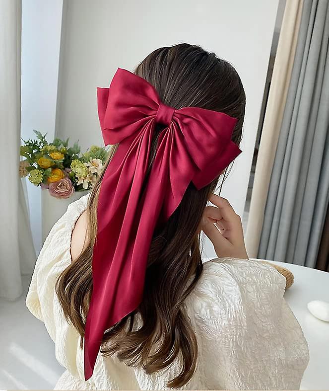 (Y)2pcs Large Hair Bow Clips For Women Girls, Silky Satin Hair Barrettes With Long Ribbon Tail Hair Bows Slides Wedding Hair