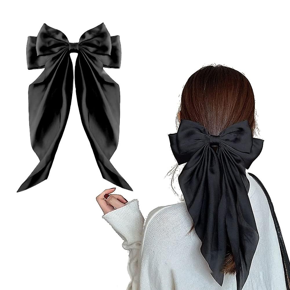 (Y)2pcs Large Hair Bow Clips For Women Girls, Silky Satin Hair Barrettes With Long Ribbon Tail Hair Bows Slides Wedding Hair