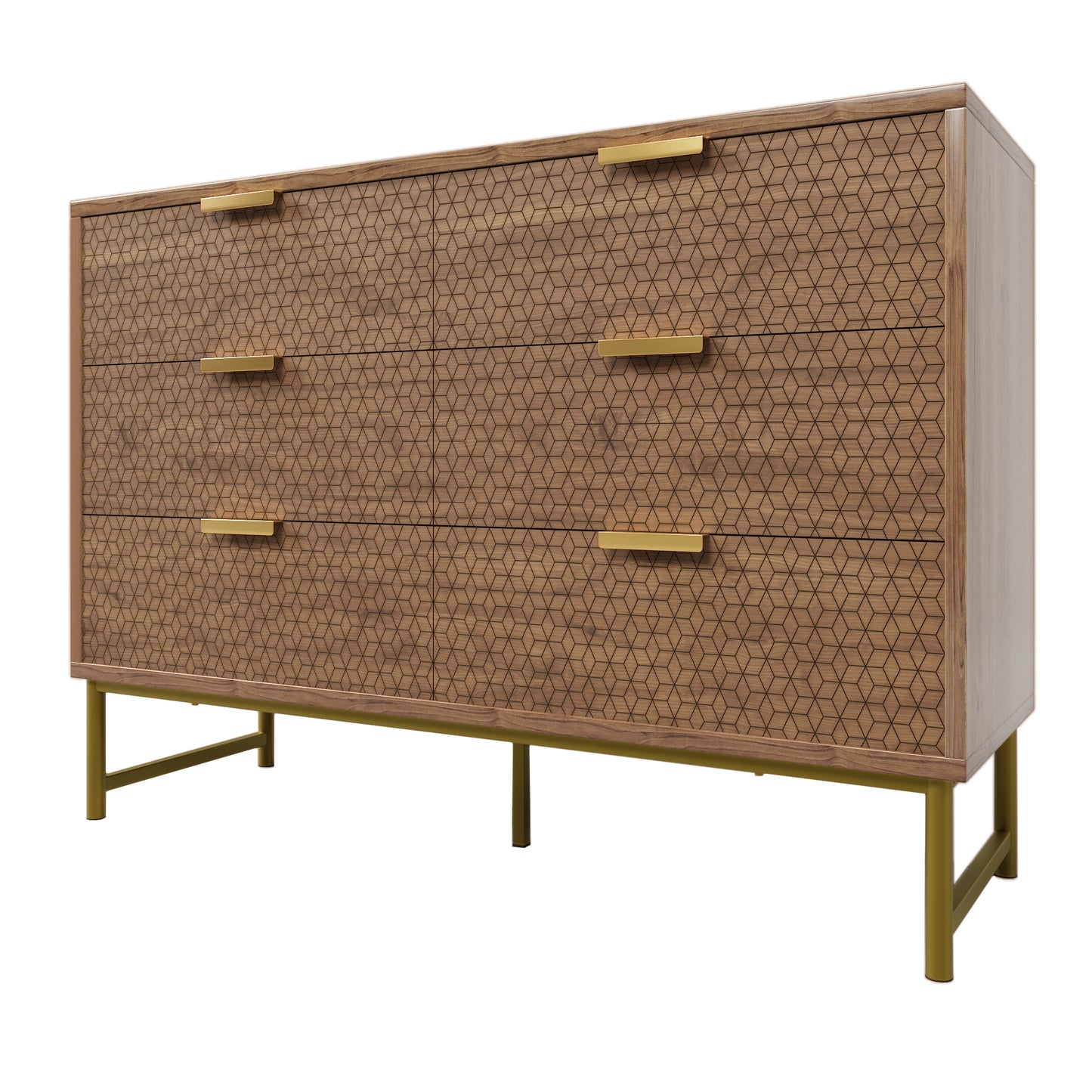 Walnut Embossed 6-Drawer Chest with Metal Handles