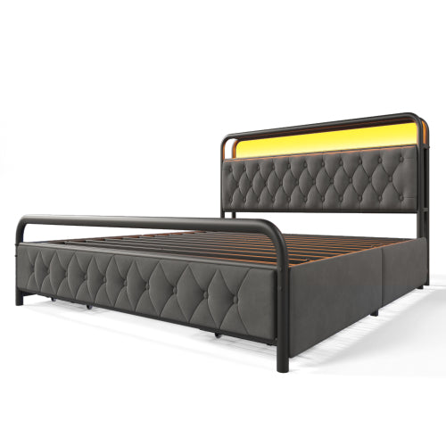 Modern Velvet Double Bed-USB Type C Charging, APP-Controlled LED, Metal Frame, 4 Drawers