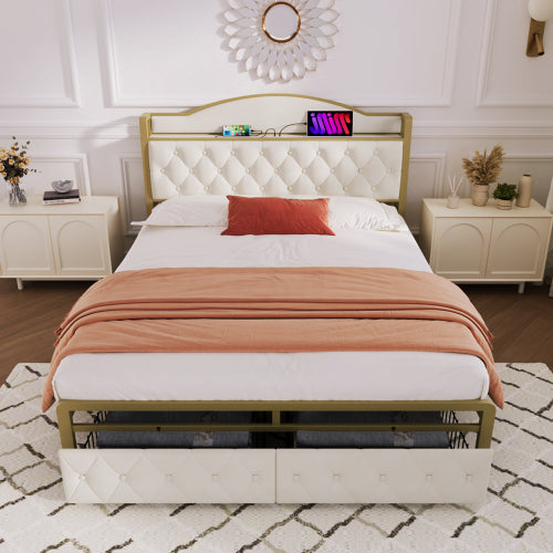 Light Beige Storage Double Bed-USB Type C Charging, Slatted Metal Frame