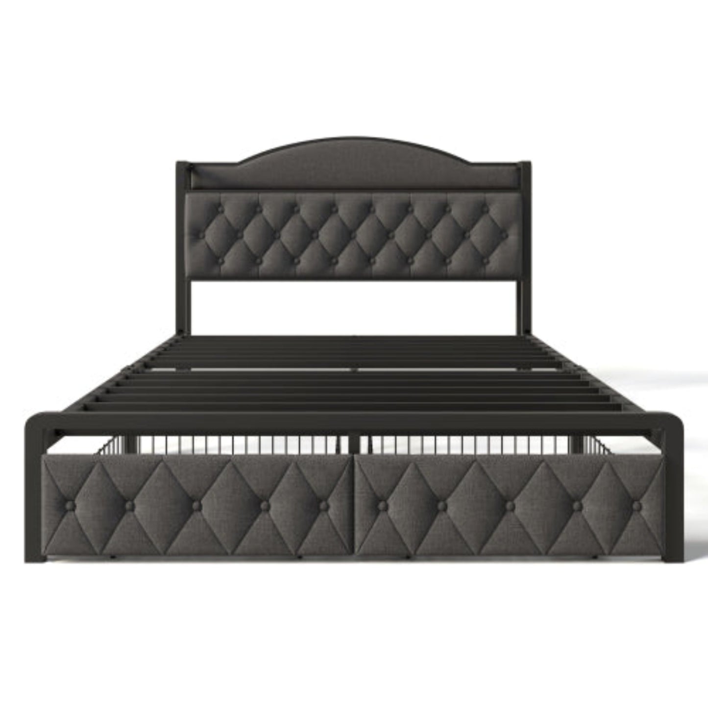 Grey Upholstered Double Bed-USB Type C Charging, Storage Drawers, Slatted Metal Frame