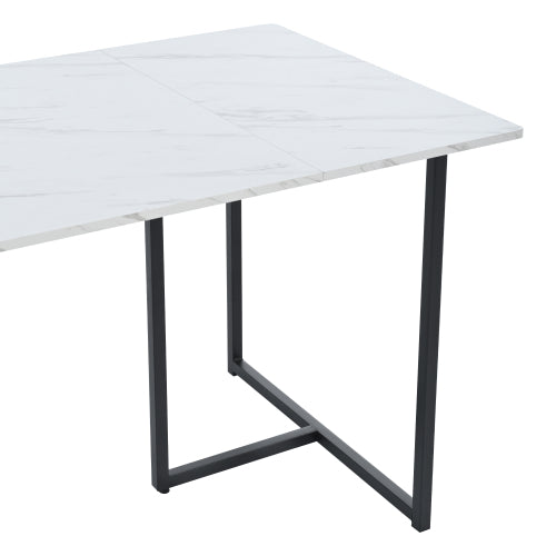 (p)Elegant Dining Table-White Marble Pattern, L-Shaped Metal Legs, Adjustable Feet, Black Accents