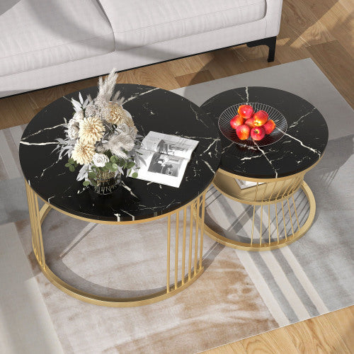 Modern Nesting Coffee Tables- Marble Veneer, BlackGolden Frame, Round Side Tables-Set of 2