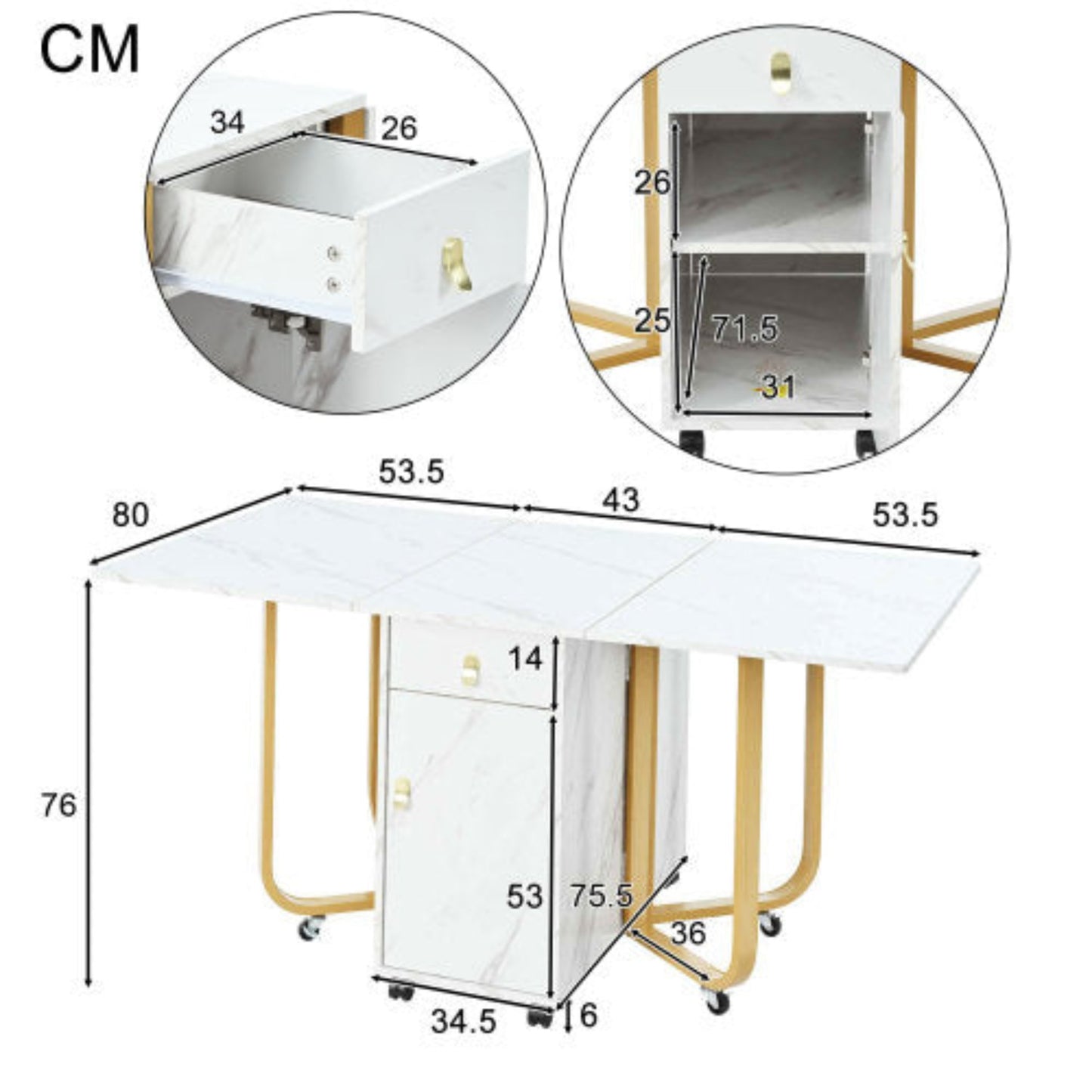 White-Gold Folding Dining Table-Cupboard, 2 Drawers, Space-Saving, 4 Legs