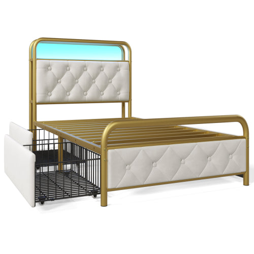 Velvet Single Bed with USB Type C Charging, APP-Controlled LED, Metal Frame, 2 Drawers