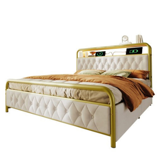 Double Upholstered Bed with USB Charging, APP-Controlled LED, Metal Frame, Velvet, 4 Drawers