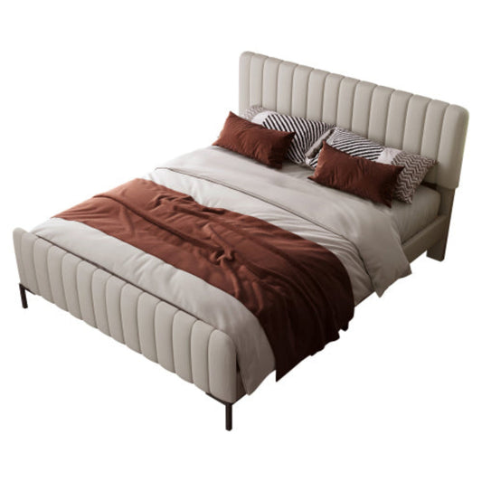 Grey-Beige Upholstered Double Bed,Adjustable Headboard, Slatted Frame, 160x200cm