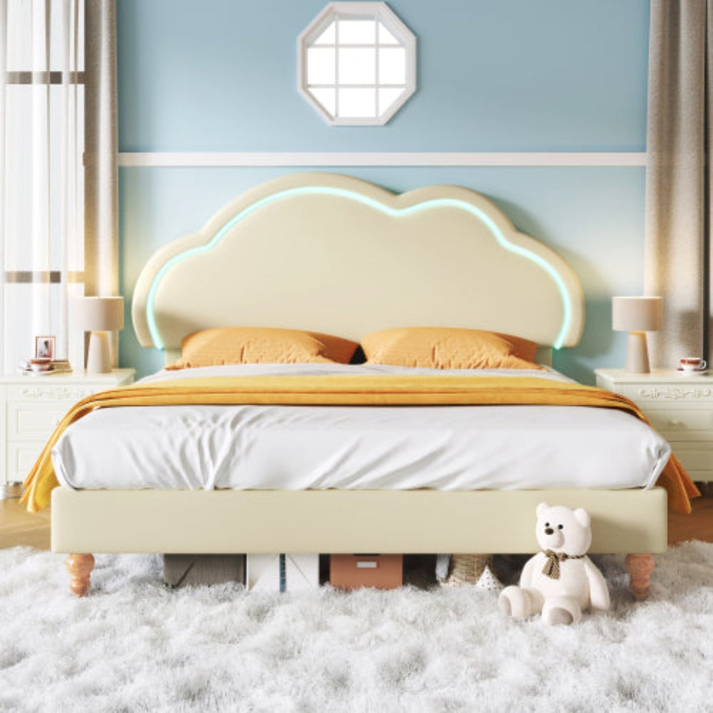 LED-lit Cream PU Double Bed, Upholstered Frame, Adjustable Cloud Headboard, Youth BedroomGuest Room Bed