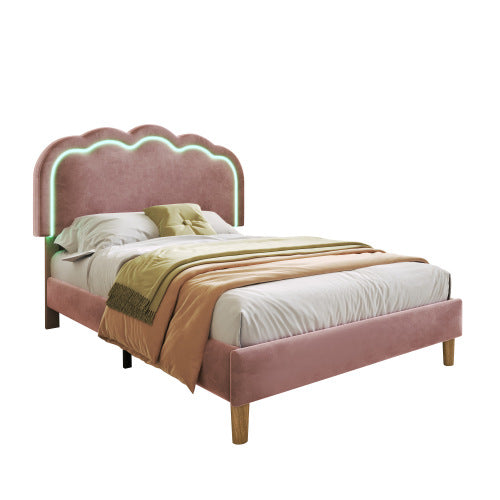 Pink Velvet Single Bed with LED, Adjustable Headboard, Slatted Frame, YouthGuest Room Bed Frame