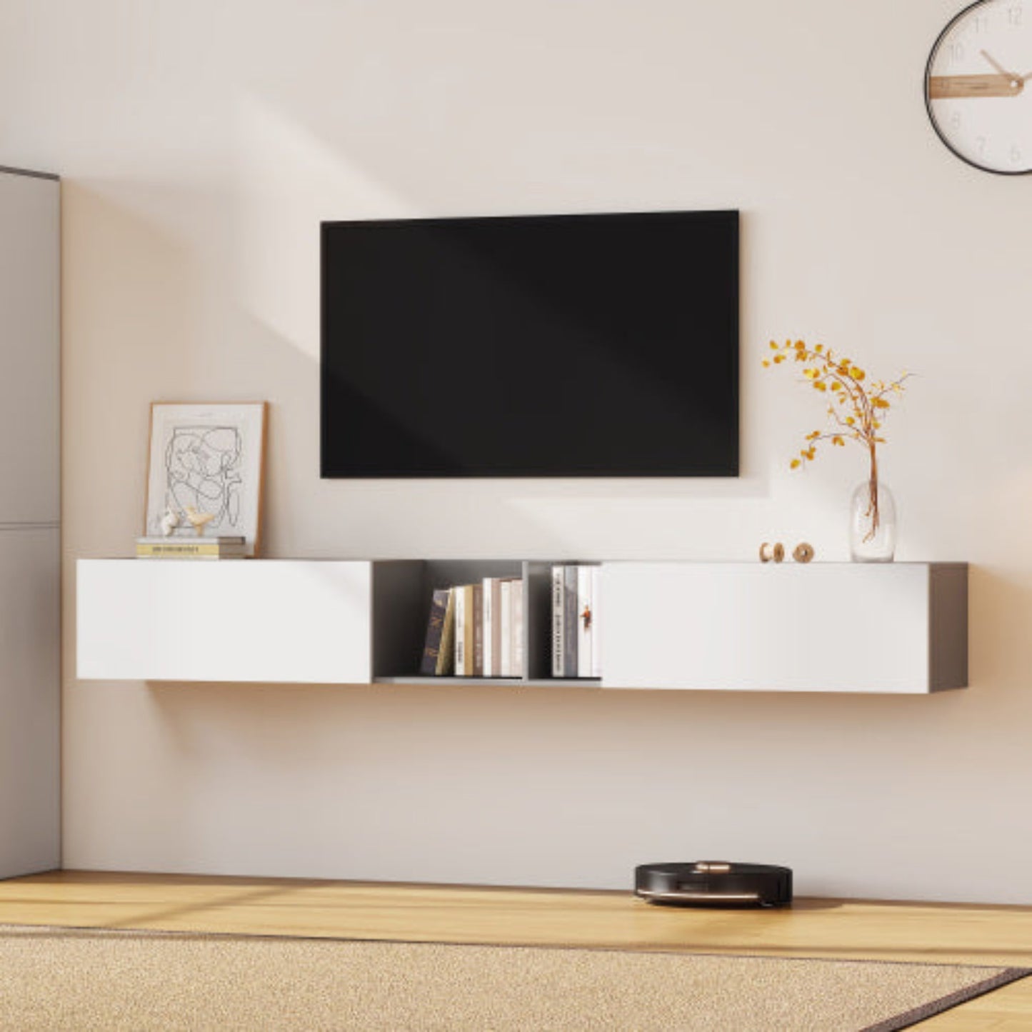 Large White TV Stand with Doors and Shelves- Perfect for 90 inches TVs, Stylish Living Room Media Console