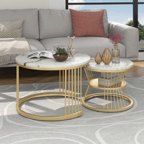 Modern Nesting Coffee Tables-Marble Veneer, Golden Frame, Versatile Side Tables-Set of 2