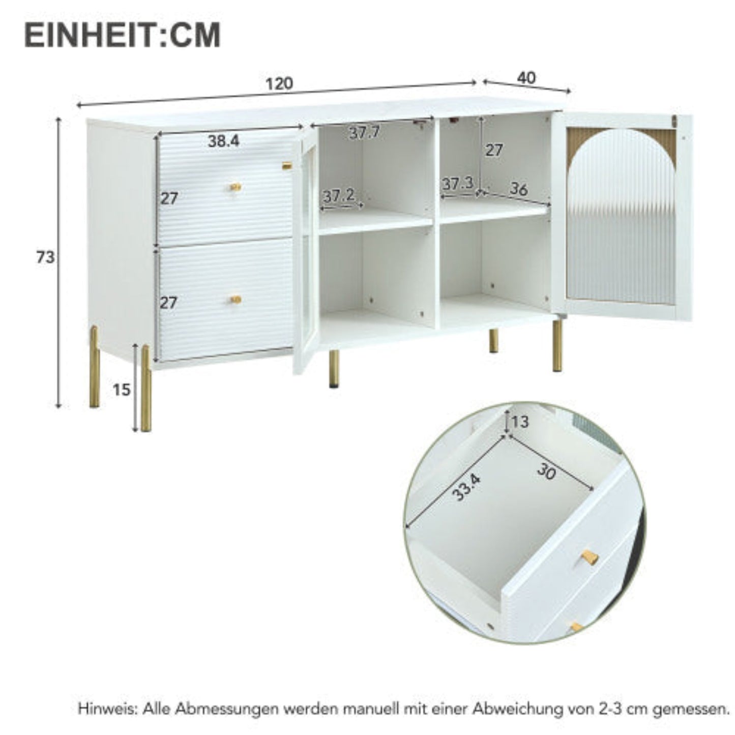 120cm White Gold Sideboard,Marble Top, Adjustable Shelves, 2 Doors, 2 Drawers, Glass Cabinet