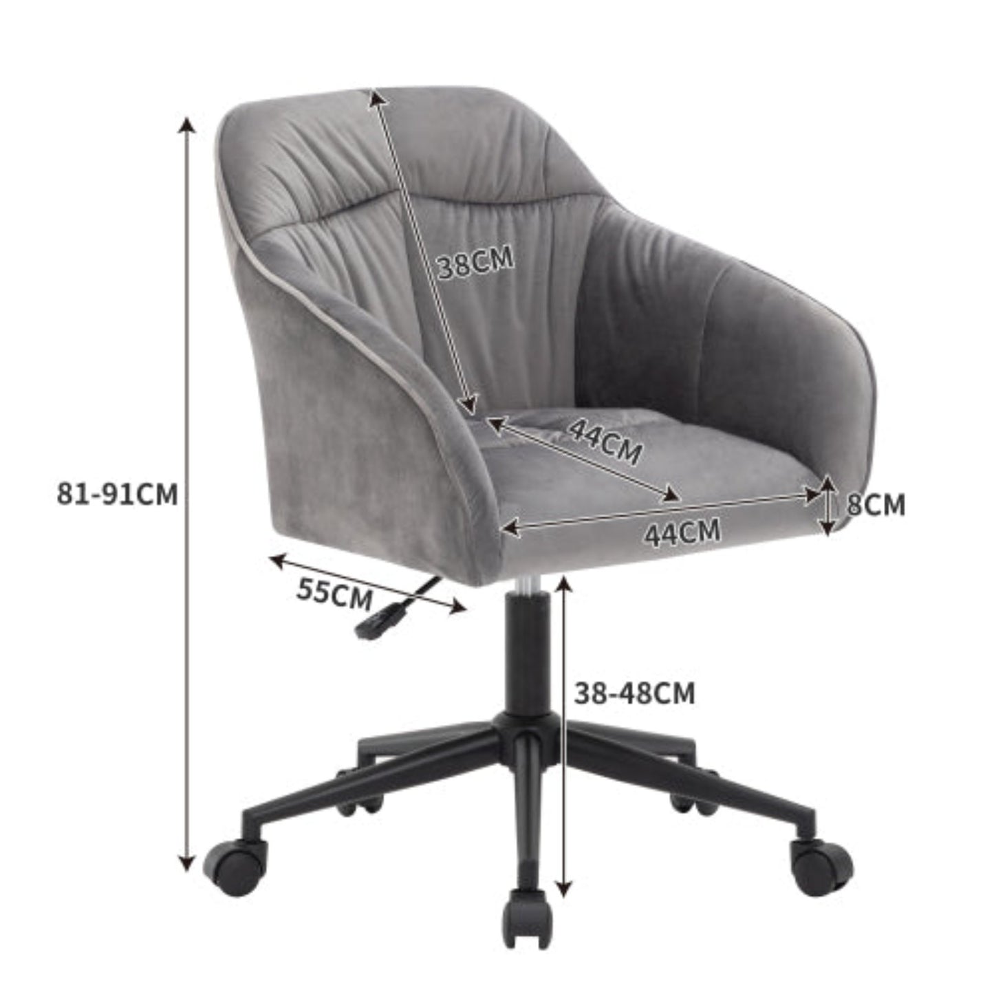 (p)Gray velvet swivel chair with height adjustment -1 piece - with backrest, armrests and wheels, suitable for home office