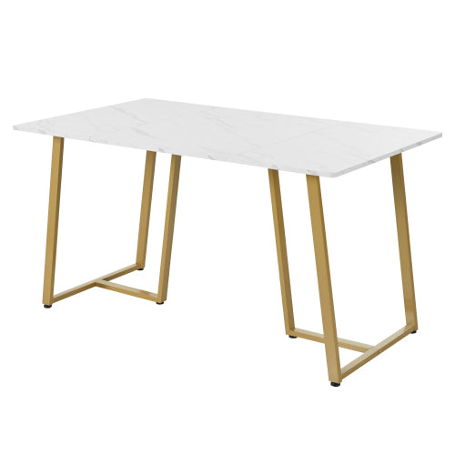 Modern Marble-Pattern Dining Table-Metal Frame, Adjustable Feet, White Golden for Dining Living Rooms