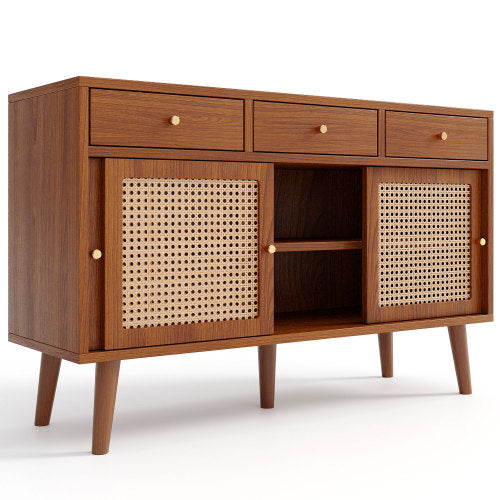 New Walnut Sideboard with 3 Drawers and 3 Rattan Sliding Doors, Gold Handles, Adjustable Shelves