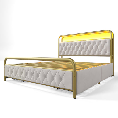 Velvet Double Bed with USB Type C Charging, APP-Controlled LED, Metal Frame, 4 Drawers