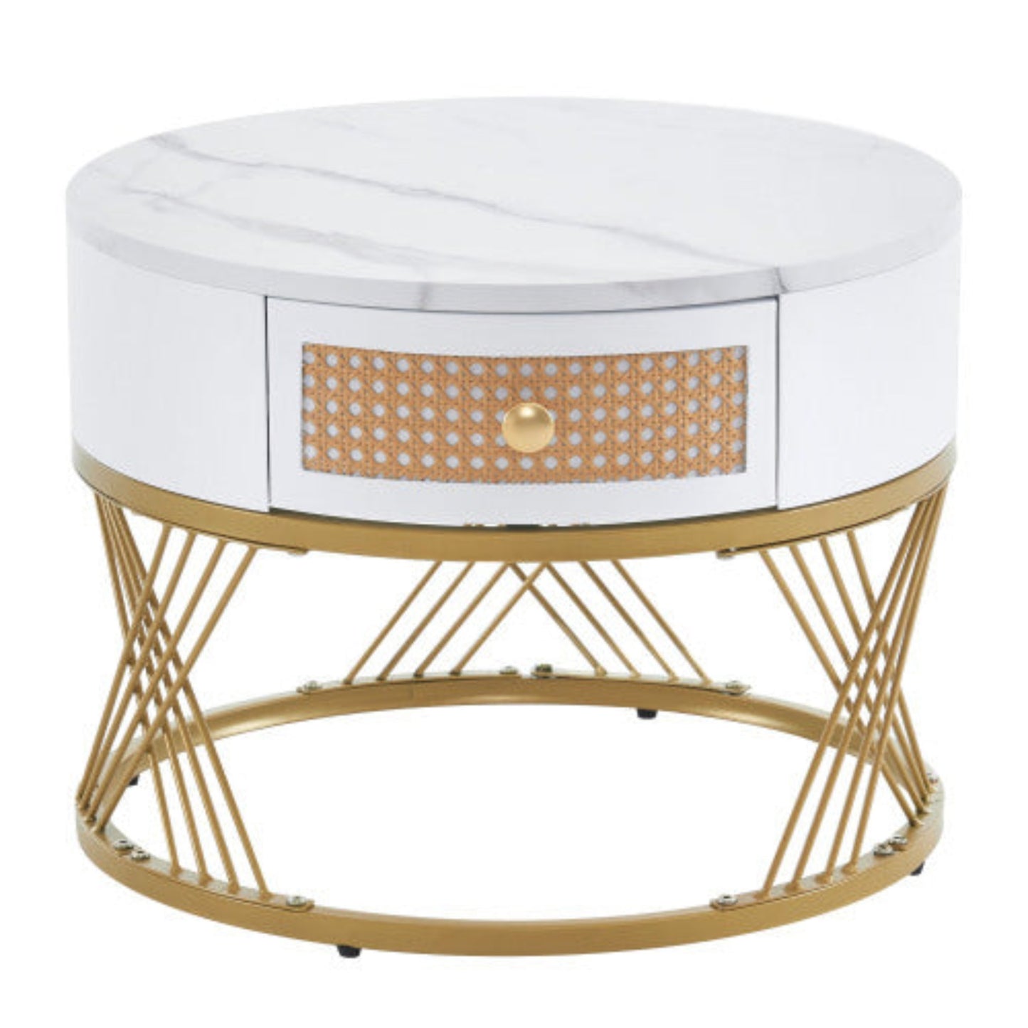 Elegant 2-Piece White Coffee Table Set- Marble Texture, Plastic Rattan Drawers, Gold Accents