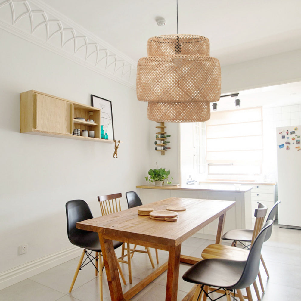 (M)Bamboo Pendant Lighting Drum Handmade Lampshade Fixture for Living Room