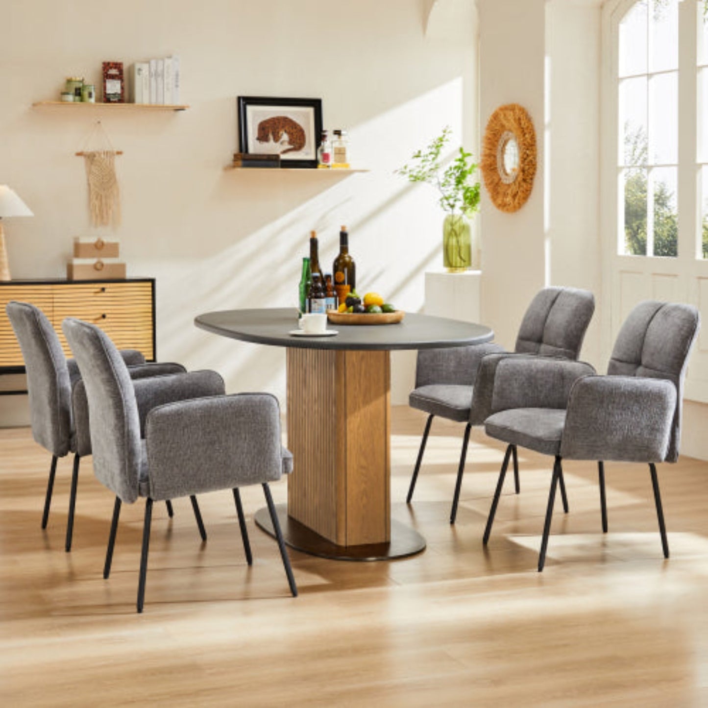 Grey Dining Chairs - Living Room Armchairs with Extra Large Cushions and Black Metal Legs - 4pcs