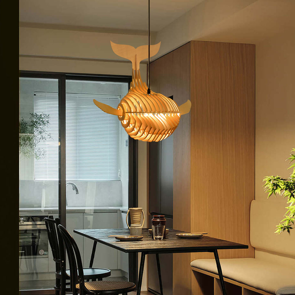 (M) Fish Natural Wood Pendant Light Hanging Chandelier Handmade for Kitchen Island Living Room Bedroom