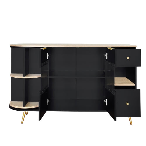 Modern Sliding Glass Door Sideboard-LED-lit, Black Wooden, Adjustable Feet