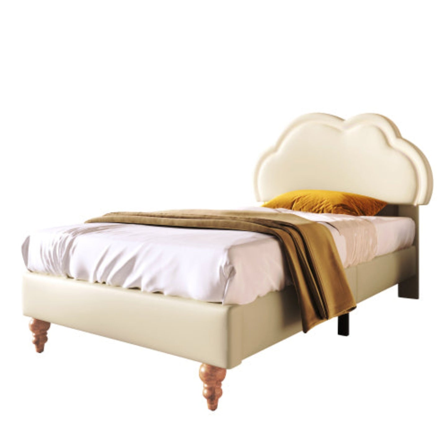 Cream PU Single Bed with LED, Upholstered Frame, Adjustable Cloud Headboard, Youth Bedroom-Guest Room