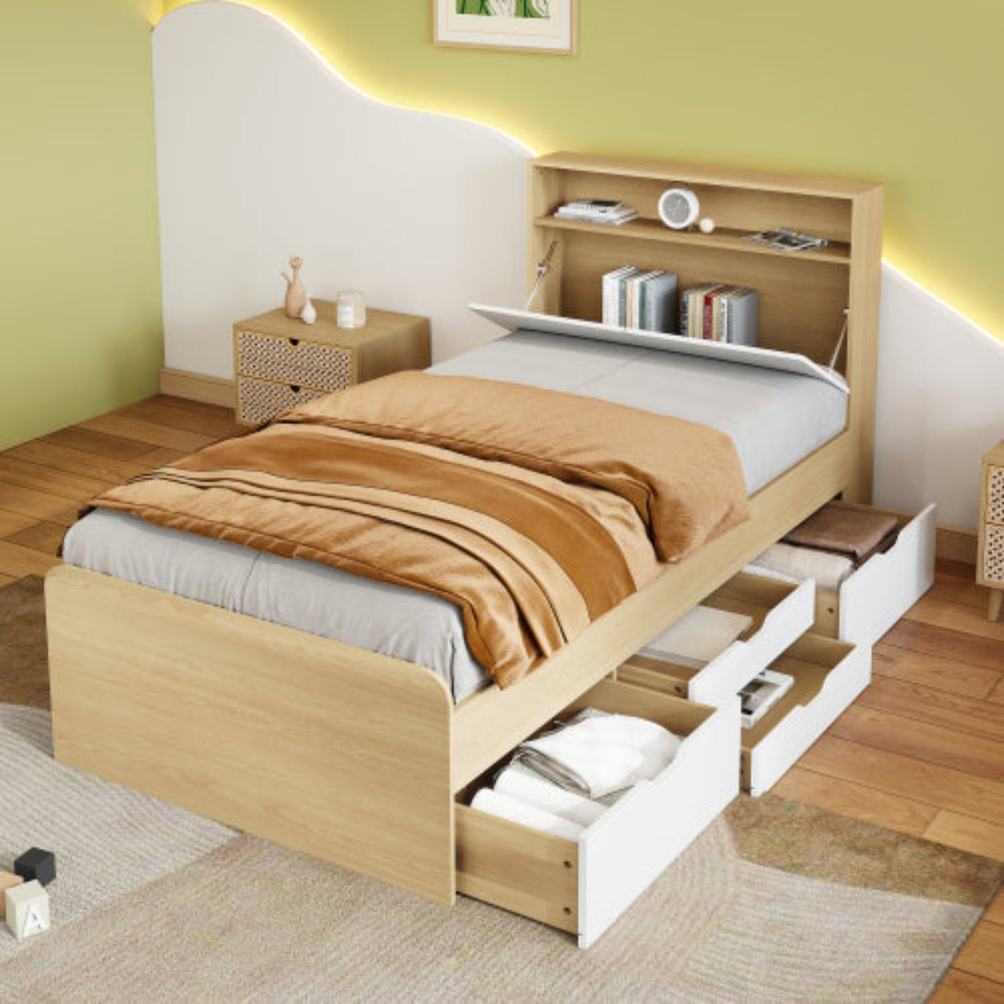 Youth Panel Bed with Flap Shelf Headboard, 4 Drawers, and Shock Protection - White Light Oak