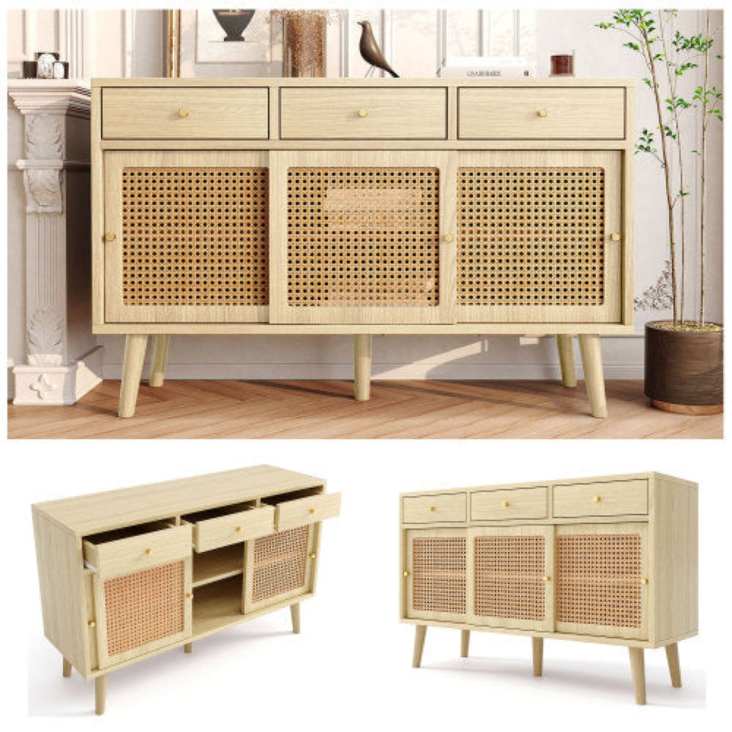 Oak sideboard with drawers and sliding rattan doors, solid wood legs, gold metal handles, adjustable shelves