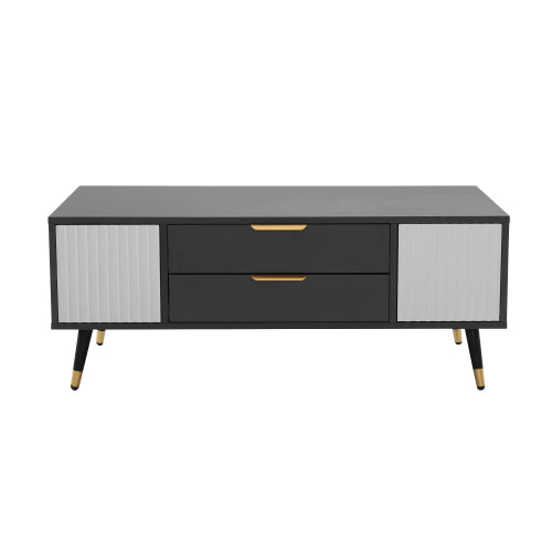 Modern Grey-White Coffee Table-2 Doors, 2 Drawers, Gold Accents, High-Quality Living Room Furniture