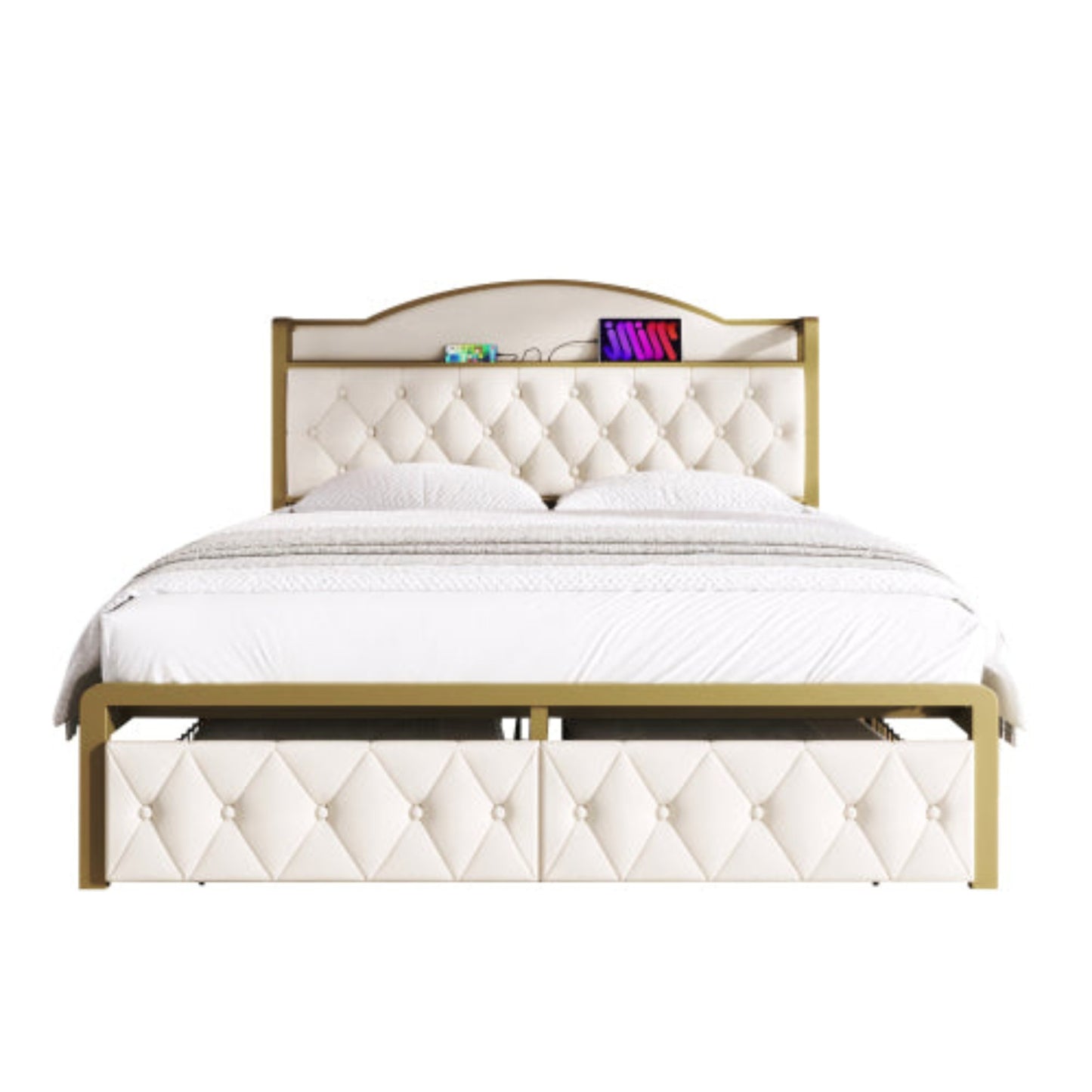 Light Beige Upholstered Double Bed-USB Type C Charging, Storage Drawers, Slatted Metal Frame