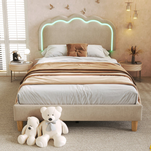 Beige Upholstered Single Bed with LED, Adjustable Headboard, Slatted Frame, YouthGuest Room Bed, Linen Material