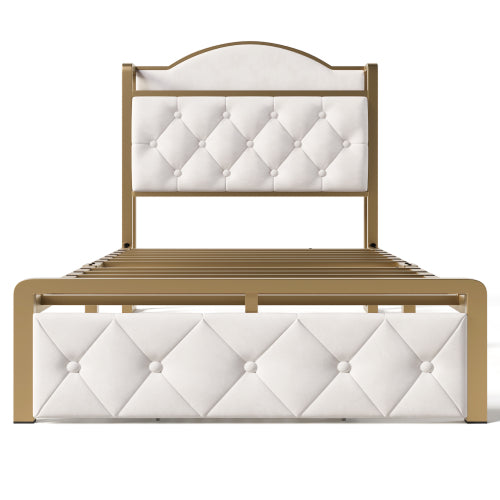 Light Beige Single Bed-USB Type C, Storage Drawers, Slatted Metal Frame -Mattress Not Included