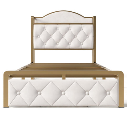 Light Beige Single Bed-USB Type C, Storage Drawers, Slatted Metal Frame -Mattress Not Included