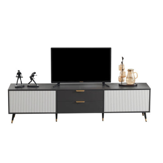 Elegant Grey-White TV Cabinet- 2 Drawers, 2 Doors, Cable Management, Modern Design