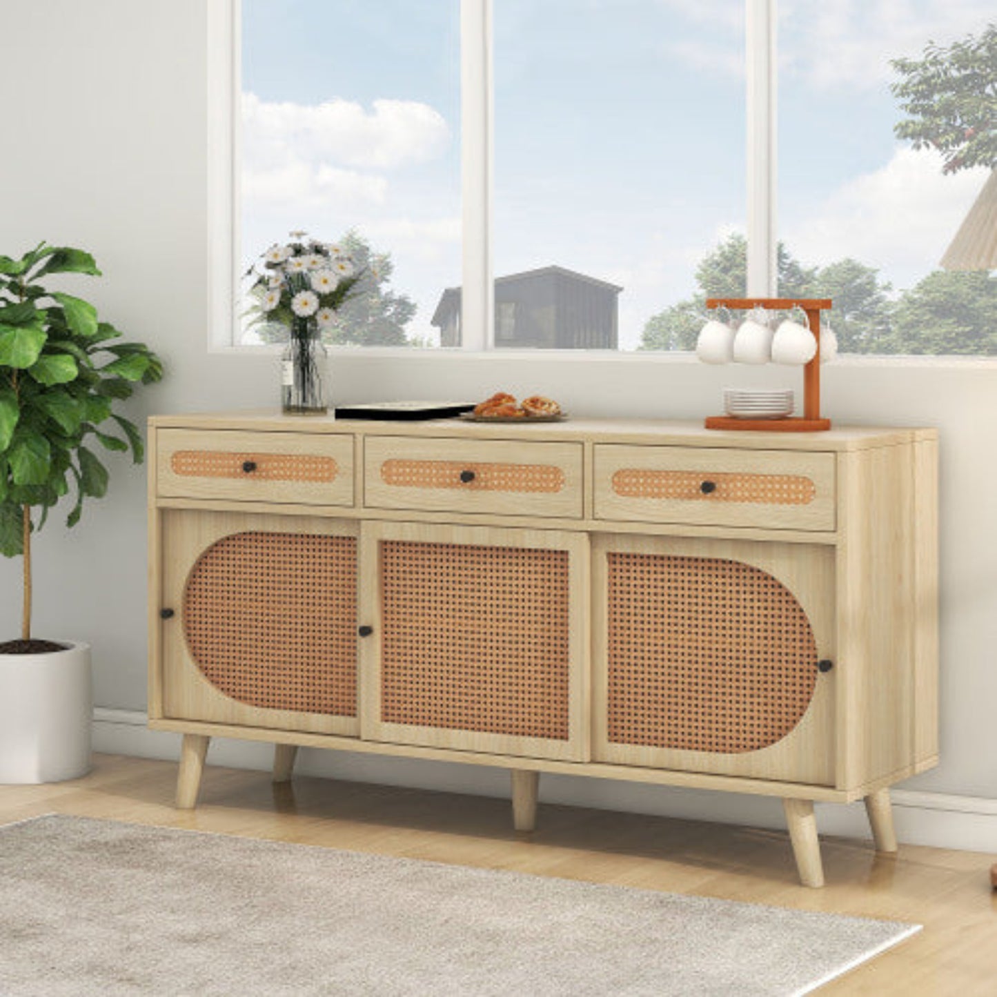 140cm Wooden Sideboard,PE Rattan Doors, Adjustable Shelves, 3 Drawers, Sliding Doors