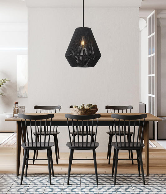 (Y)Rattan Pendant Light 11.8 inch (Approx. 30 cm) Bohemian Pendant Light, Black Hand-Woven Basket Shade, Farmhouse Coastal Pendant Light for Kitchen Island Dining Room Living Room Hallway Foyer