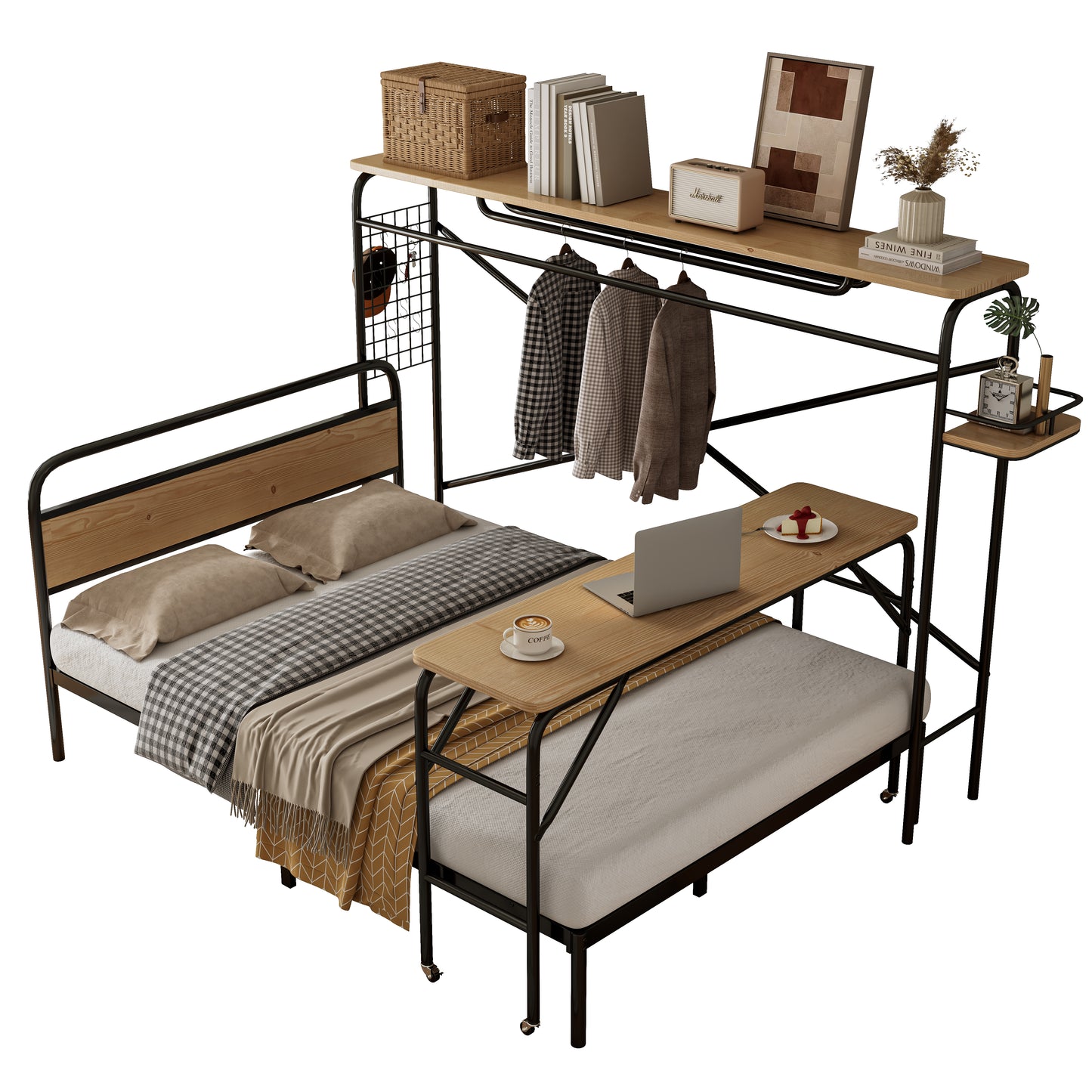 Black Metal Bed with Table, Vertical Coat Rack, and Storage - 140x200 cm