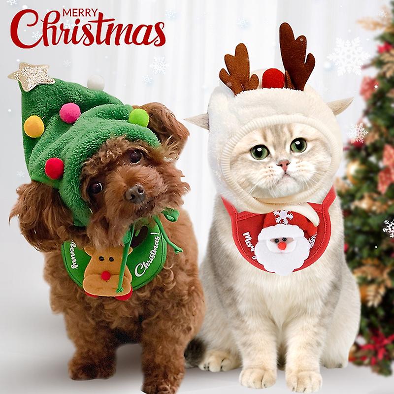 (Y)2pcs Dog Cat Christmas Hat Pets Clothes Bibs Puppy Cap Costume Accessories Navidad Xmas Home Decoration 2024 New Year Gift Bandana