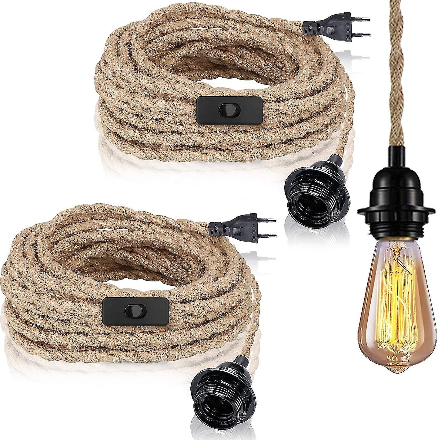 (Y)2 Pack Pendant Lights With Switch, Hemp Rope With 4.5m Cable, E27 Socket For Hall, Kitchen, Dining Table, Bar (without Bulb)