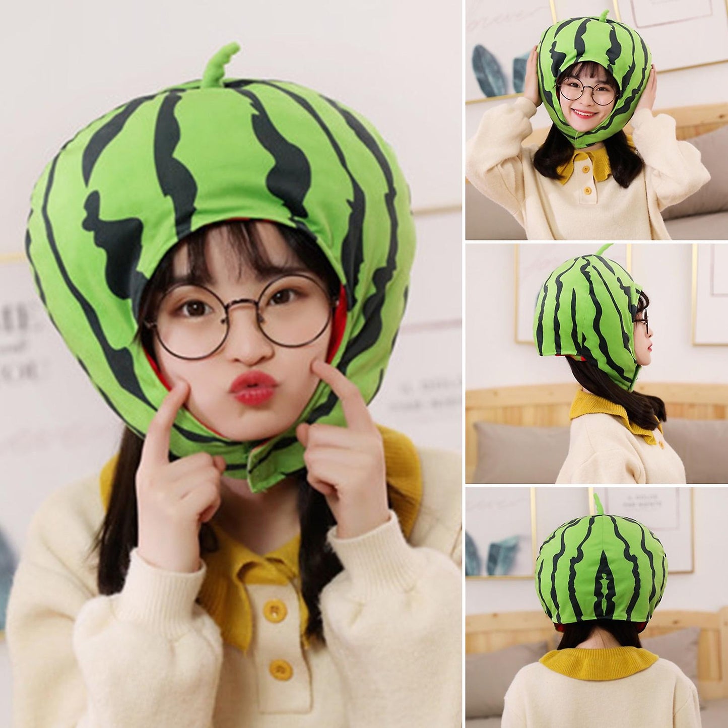 (Y)Watermelon Plush Hat Extra Soft Realistic Looking Non-Fading Fully Filled Washable Dress-up PP Cotton Cosplay Watermelon