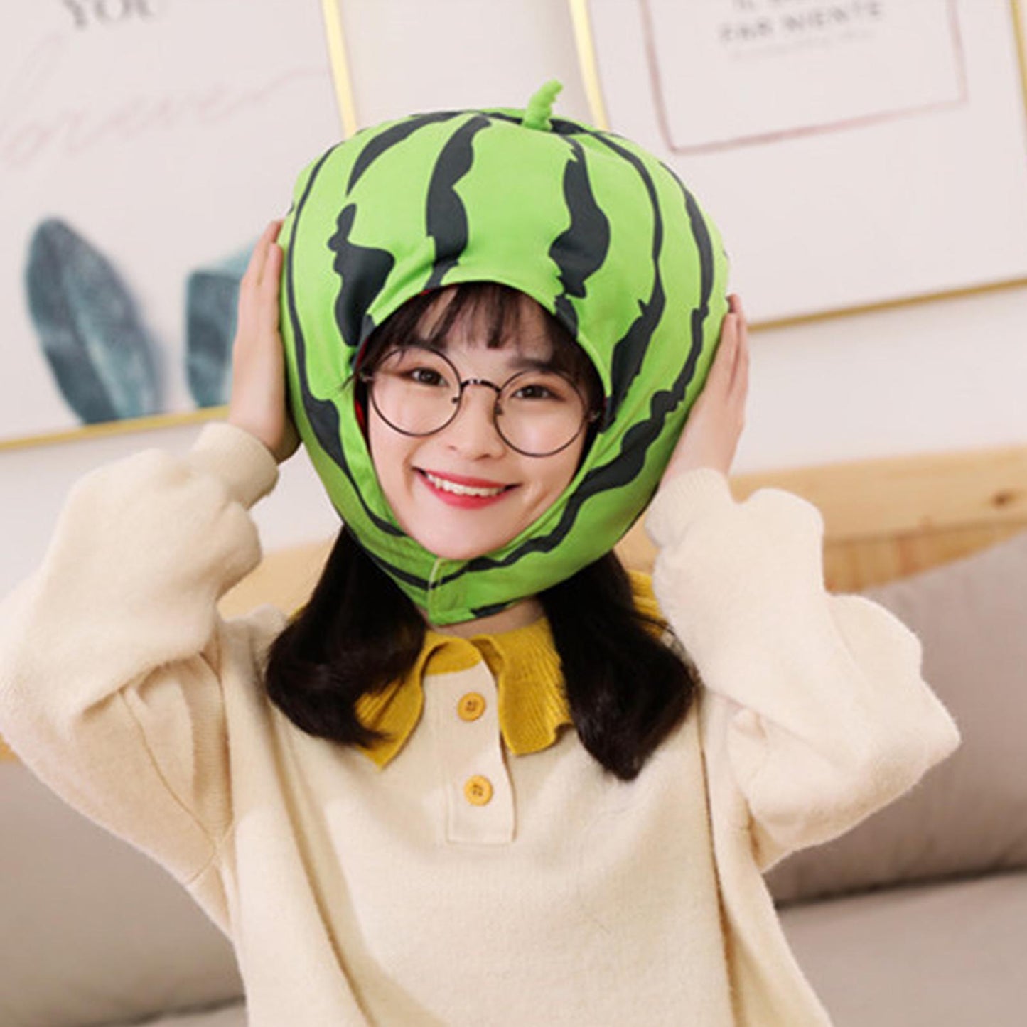 (Y)Watermelon Plush Hat Extra Soft Realistic Looking Non-Fading Fully Filled Washable Dress-up PP Cotton Cosplay Watermelon