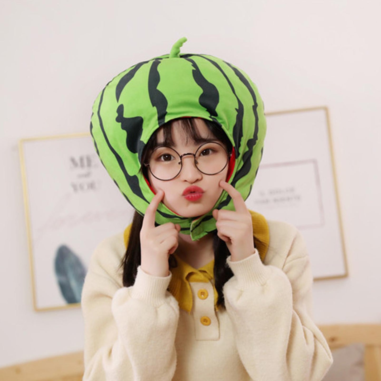 (Y)Watermelon Plush Hat Extra Soft Realistic Looking Non-Fading Fully Filled Washable Dress-up PP Cotton Cosplay Watermelon