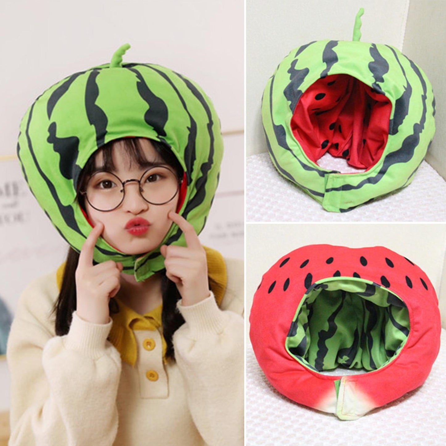 (Y)Watermelon Plush Hat Extra Soft Realistic Looking Non-Fading Fully Filled Washable Dress-up PP Cotton Cosplay Watermelon