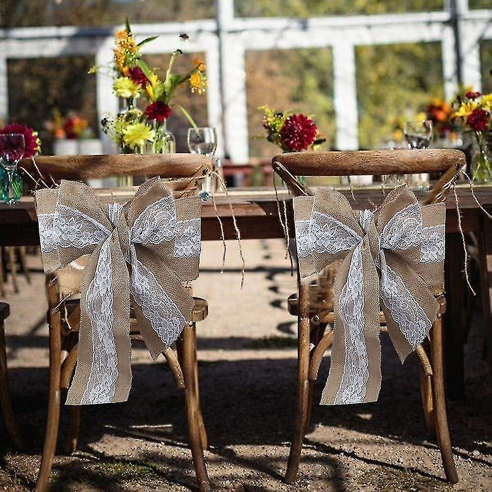 (Y)5pcs Burlap Lace Chair Sashes Burlap Chair Cover Bows Rustic Linen Lace Chair Bows