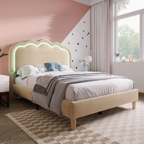 Beige Upholstered Single Bed with LED, Adjustable Headboard, Slatted Frame, YouthGuest Room Bed, Linen Material