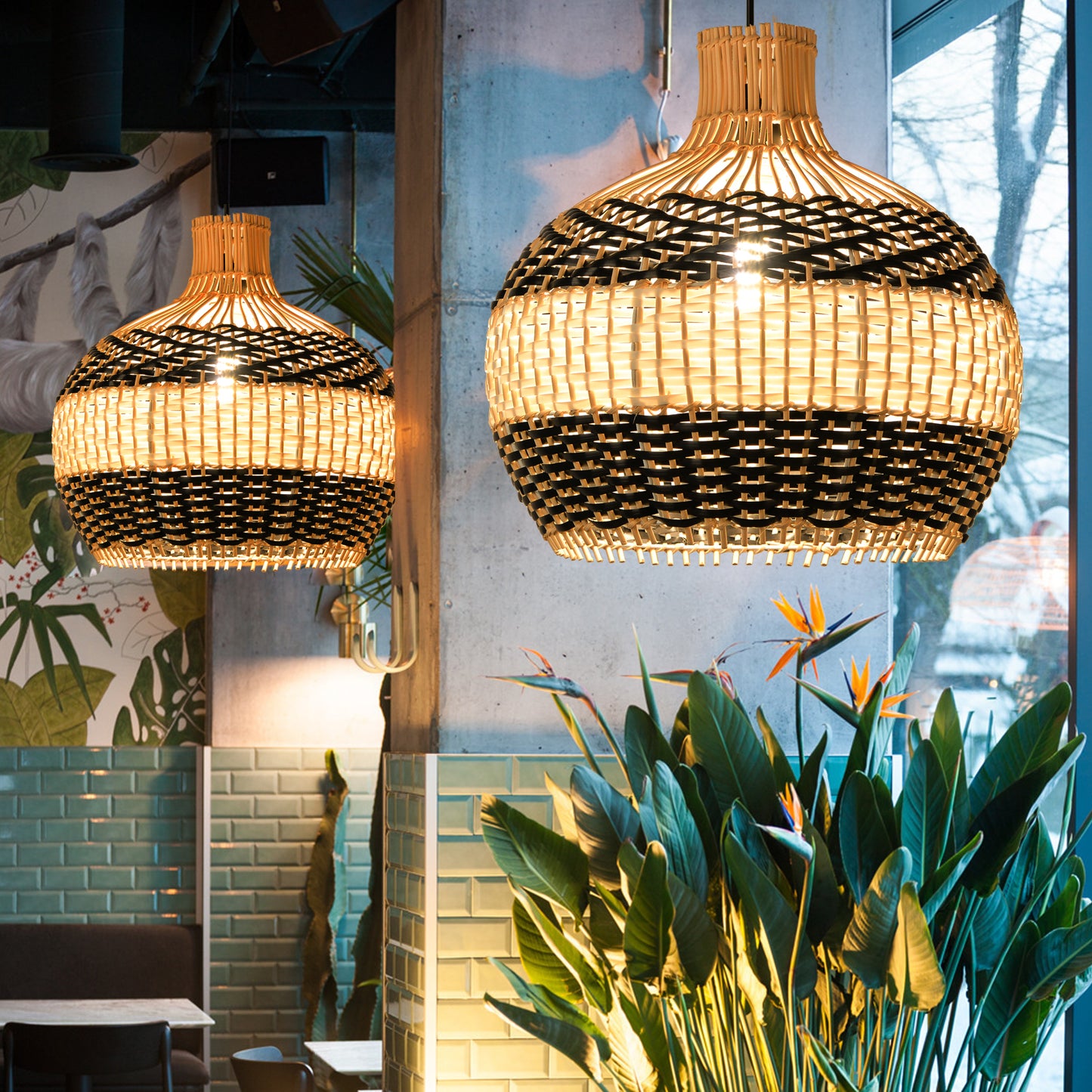 (M)Rattan Pendant Light Fixtures Geometric Single Rattan Ceiling Fixture with Adjustable Cord for for Kitchen Island