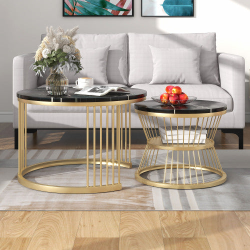 Modern Nesting Coffee Tables- Marble Veneer, BlackGolden Frame, Round Side Tables-Set of 2